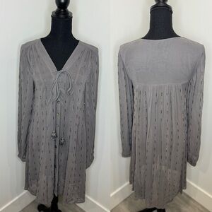 Chan Luu Gray Sheer Long Sleeve Beaded Front Button Closure Oversized Dress (M)